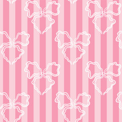 Seamless Valentine pattern with heart and bow shapes over soft pink vertical stripes. Romantic repeating background for textile, wrapping paper, stationery and holiday decoration.