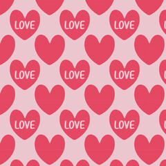 Seamless Valentine pattern with red hearts and love text on soft pink background. Cute romantic repeating background for wrapping paper, fabric, greeting card and holiday design.