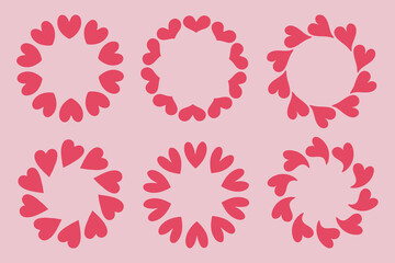 Set of romantic heart shaped wreath frames in different styles on soft pink background. Cute Valentine decorative elements for greeting card, wedding design, poster and invitation.