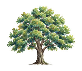 Obraz premium Vibrant Green Tree Watercolor Illustration on White Background with Lush Foliage and Strong Trunk