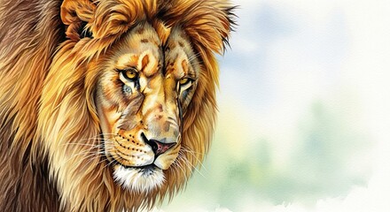 Fototapeta premium Majestic African lion artistic watercolor painting portrait looking down dramatically from a powerful low angle perspective, lion, African, big cat