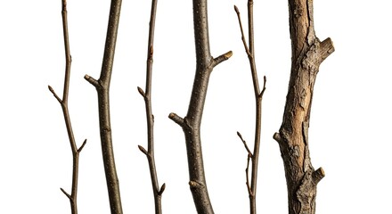 Fototapeta premium Organic tree branches showing varying maturity and textures, isolated on pristine white background, still life with strong contrast, branch, wood, plant