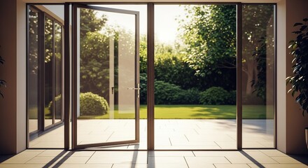 Fototapeta premium Seamless Smooth Glass Sliding Doors Opening Onto Sunny Paved Patio Overlooking Lush Green Garden Architectural Detail, architecture, home, house