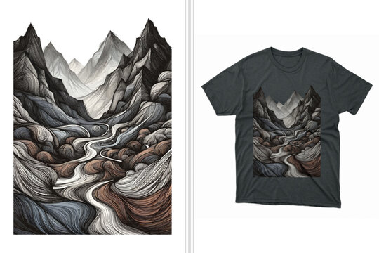 vector illustration of an abstract dream mountain journey t-shirt design scribble print, nature graphic tee template