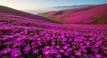 Stunning Superbloom of vibrant magenta Iceplant flowers carpeting the coastal hillsides of Bodega Bay, Sonoma County, California, iceplant, flower, flowers