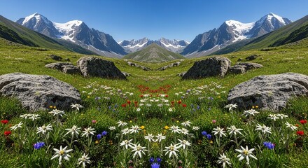 Fototapeta premium Symmetrical Alpine meadow panorama with blooming edelweiss flowers, rugged granite rocks, and clear sky in high mountain wilderness landscape, edelweiss, flower, blooming