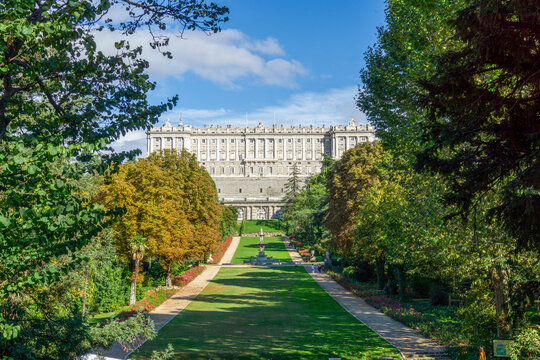 Royal Palace of Madrid Facade View from Campo del Moro Gardens with Lush Greenery