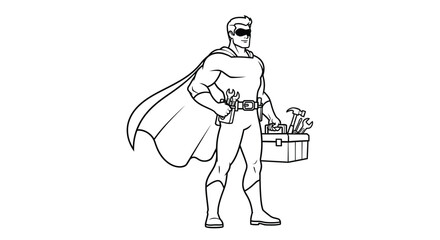 A black and white illustration of a superhero carrying tools and a toolbox © ASK_Studio