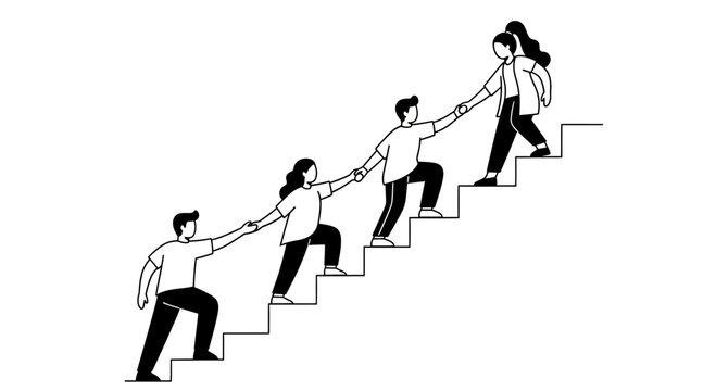 Teamwork and Support: People Helping Each Other Climb Stairs.