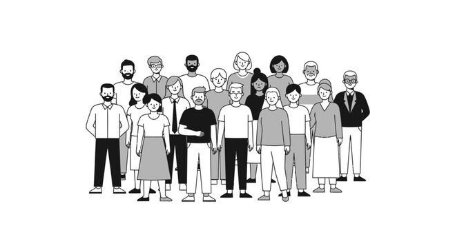 Diverse group of people standing together in a stylized illustration.