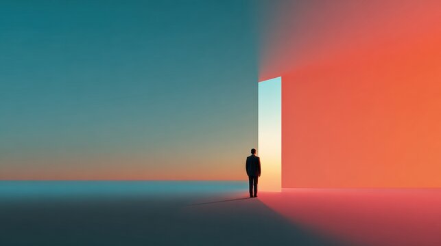 Standing Figure Considers Choices in Open Space With Warm and Cool Colors in a Minimal Surreal Scene
