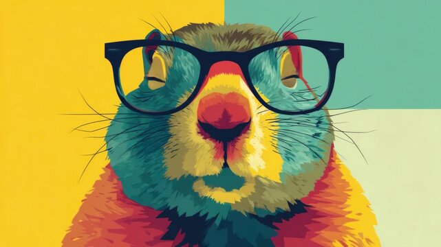 Colorful pop art style squirrel with glasses on geometric background