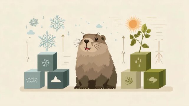 Groundhog observes seasonal changes with snowflakes and sunshine
