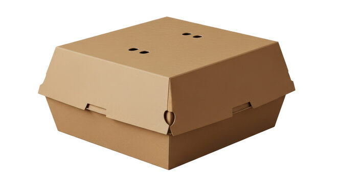 Closed brown cardboard burger box or food container for takeout or delivery. Isolated on transparent background, png