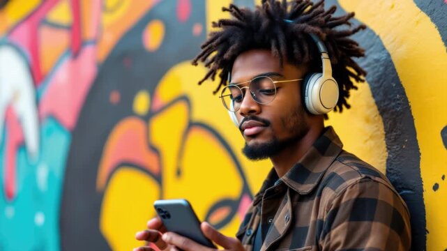 Smiling man enjoying music with headphones against colorful urban mural