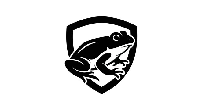 Black and white frog logo design on shield isolated background