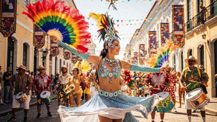 Fototapeta premium Vibrant Carnival Parade with Colorful Dancers and Drummers in Traditional Costumes