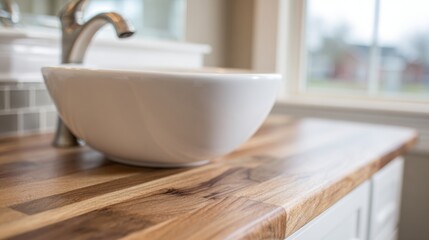 Fototapeta premium White bowl sink on wooden countertop in a bright room with windows
