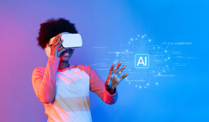 A person engaging with virtual reality technology that showcases the intersection of artificial...