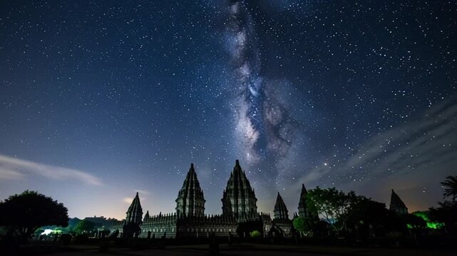 Milky Way Galaxy over Ancient Prambanan Temple Complex at Night.