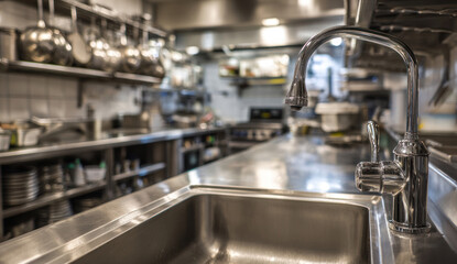 Commercial kitchen with stainless steel sink and faucet, blurred background of cooking equipment.