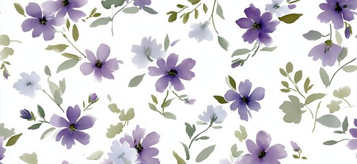 Watercolor pastel purple sage green floral pattern. Watercolor floral pattern displaying soft purple and sage green blooms on a white background