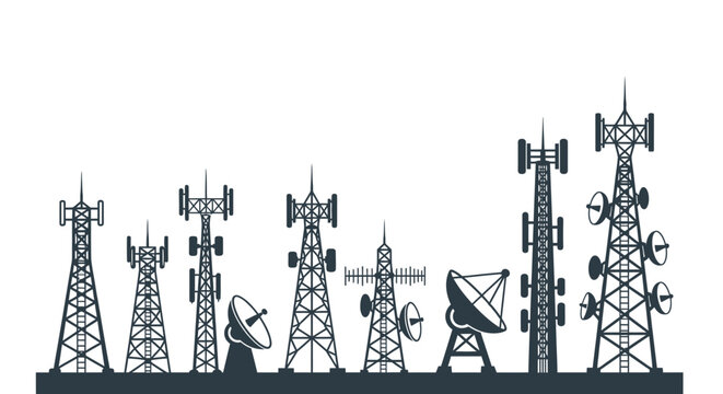 A series of communication towers and antennas depicted in a monochromatic style