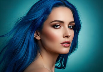 Naklejka premium Portrait of a beautiful young woman with blue hair and eyes against a sky-blue background.