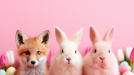 Obraz premium Three animals sit together in front of colorful flowers and eggs for spring