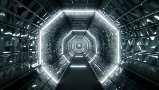 4K animated VJ style footage featuring tunnel motion with octagonal frames formed by white lights mosaic glass textures creating dynamic futuristic visual suitable motion graphics 