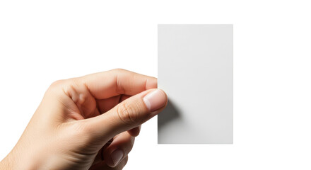 Hand holding a blank vertical white business card. Isolated on transparent background, png