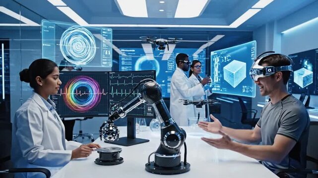 Wide Shot of Modern Innovation Lab Showcasing Brain-Computer Interface Technology Demonstrations