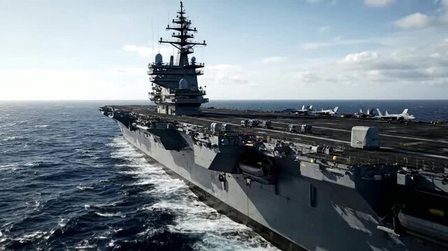 A formidable aircraft carrier glides across the vast, open ocean, showcasing immense naval power and readiness for global operations under a clear sky