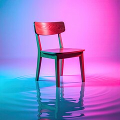 A Wooden Chair Stands in Water Under Colorful Neon Lights.