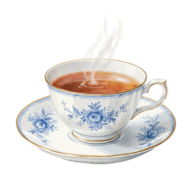 Elegant vintage teacup with blue floral design and gold rim filled with hot steaming tea on a saucer