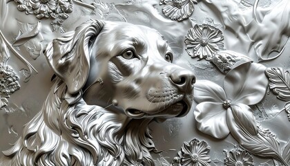 Płaskorzeźba w srebrze przedstawiająca głowę psa