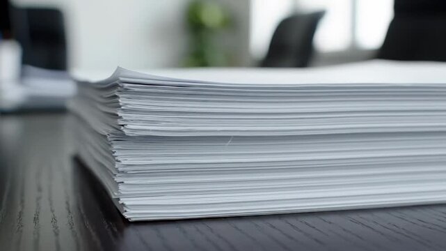 Neatly stacked papers. Close-up view of neatly stacked white paper sheets arranged on an office desk.