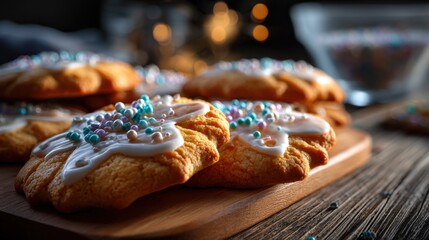 Close-up of golden-brown decorated cookies with glossy icing