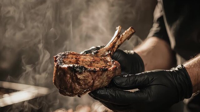 Juicy grilled tomahawk steak presented by a chef in black gloves with smoke. Perfect barbecue gourmet meal for high-end dining promotion.