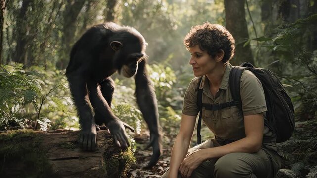 Woman and chimpanzee interacting together in a forest, promoting conservation awareness 