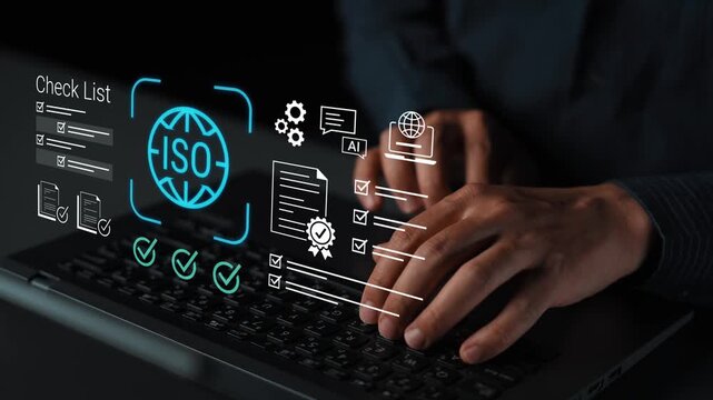 Hands typing on a laptop keyboard with icons representing ISO certification, checklists, technology, and virtual documents in a dark environment Gluon.