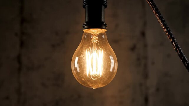 Flickering light bulb. A single exposed light bulb flickering on and off in a dark, empty space, briefly illuminating surrounding darkness.