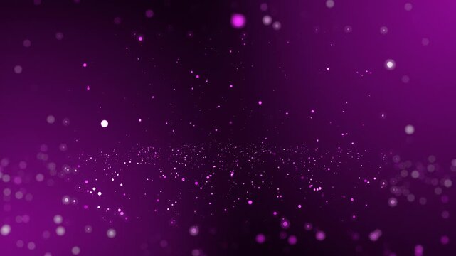 Purple particles abstract background with shining golden floor particle stars dust. Futuristic glittering fly movement flickering loop in space on black background.                                    