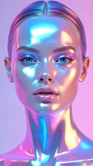 Futuristic Woman Portrait with Iridescent Metallic Skin and Neon Lighting.