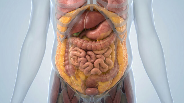 3D Rendering of Human Torso with Abdominal Organs and Visceral Fat