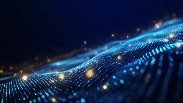A futuristic digital wave flows dynamically across a dark blue grid background, illuminated by glowing dots and lights.
