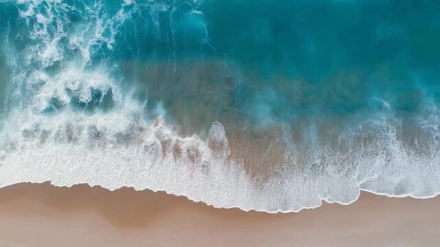 Aerial view of ocean waves crashing on sandy beach shoreline