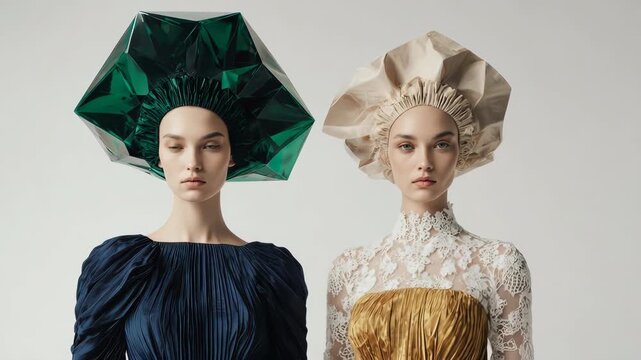 Two women posing in avant-garde, architectural headwear, and high fashion ensembles