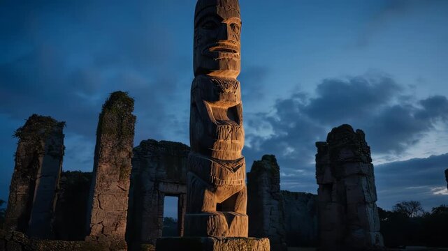 Ancient wooden totem pole in front of old dilapidated stone ruins at dusk under cloudy sky
