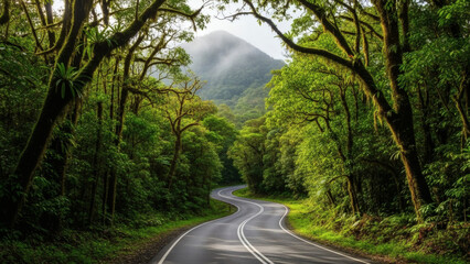 Obraz premium Winding Road Through Lush Green Forest with Trees and Mountain in Distance